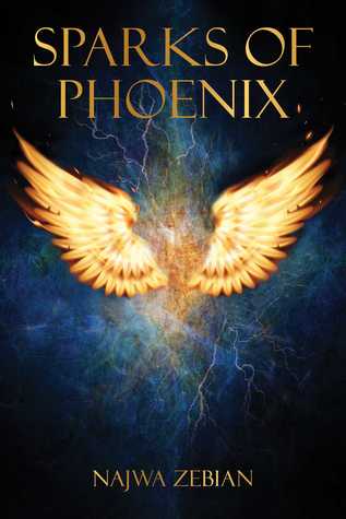 Cover of Sparks of Phoenix by Najwa Zebian depicting golden wings on a dark blue background with lightning bolts
