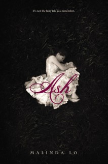 Cover of Ash by Malinda Lo, depicting a girl in a white dress curled up on a black background
